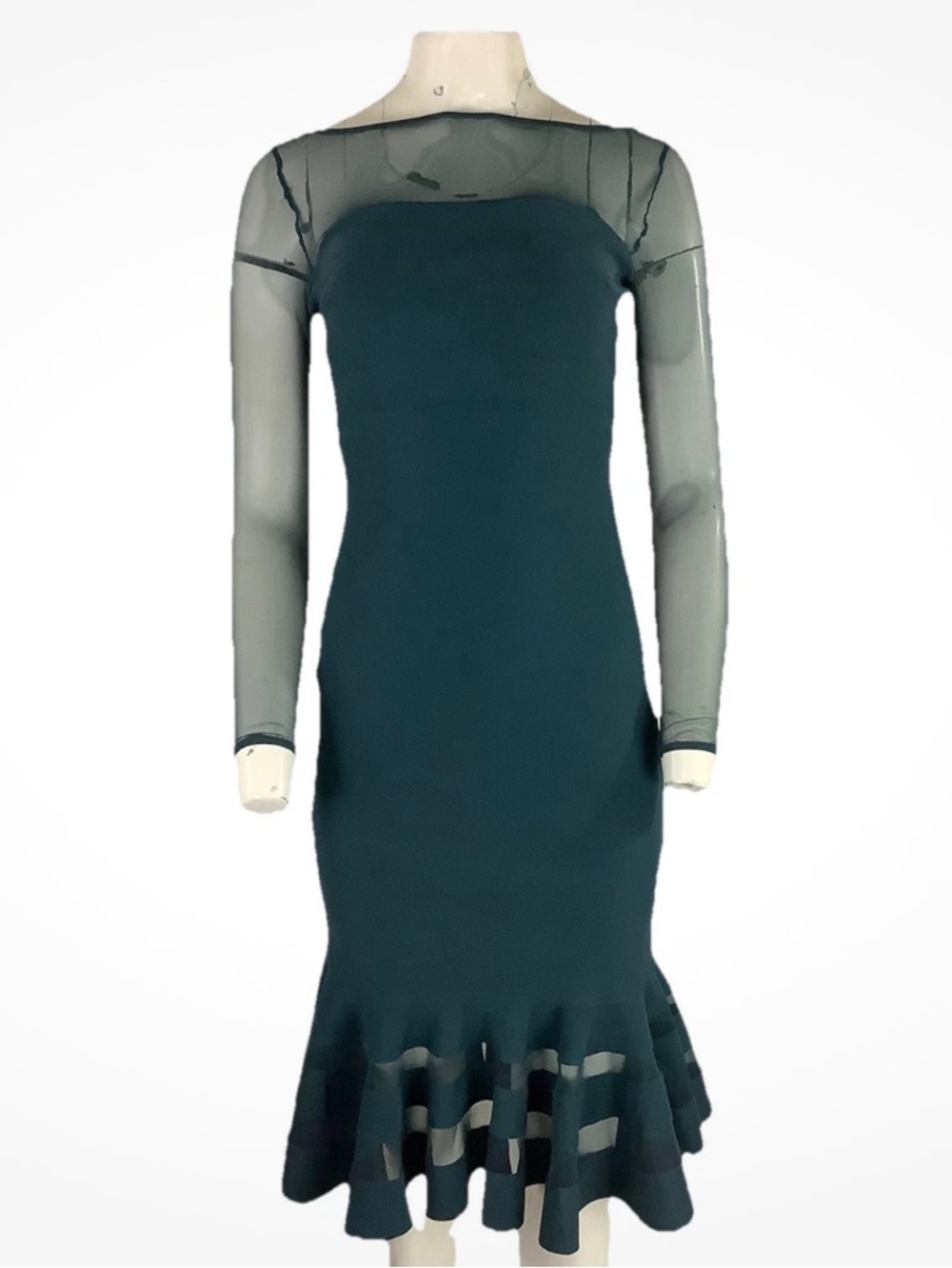 NWT Chiara Boni Sz 6 Trumpet Hem Mesh Arm Sheath Formal Party Cocktail Dress